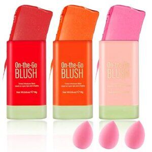 Cream Blush Sticks for Cheeks Gift Set with Makeup Sponges,Lightweight Solid